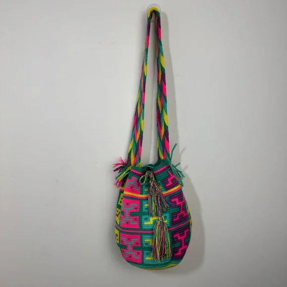 Authentic Wayuu boho bucket Crossbody bag hand woven cotton Multicolor - Picture 7 of 11